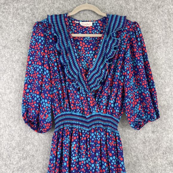 Vintage 80s Susan Freis Dress Womens Large Polka Dot Ruffle Smocked Pleated USA - Picture 2 of 16